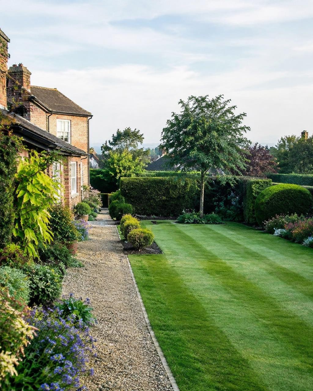 Neatly maintained English garden with striped lawn and borders